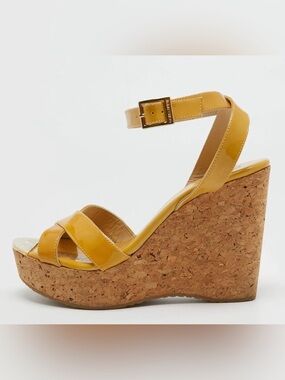 Jimmy Choo Yellow Patent Leather Cork Wedge Ankle Strap Sandals 39.5 boho chic